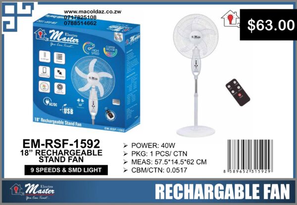 18" Rechargeable Stand Fan
